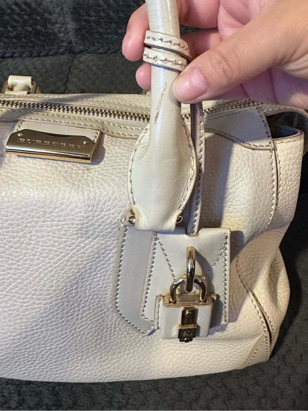 Burberry Pebbled Leather Satchel in Off-White